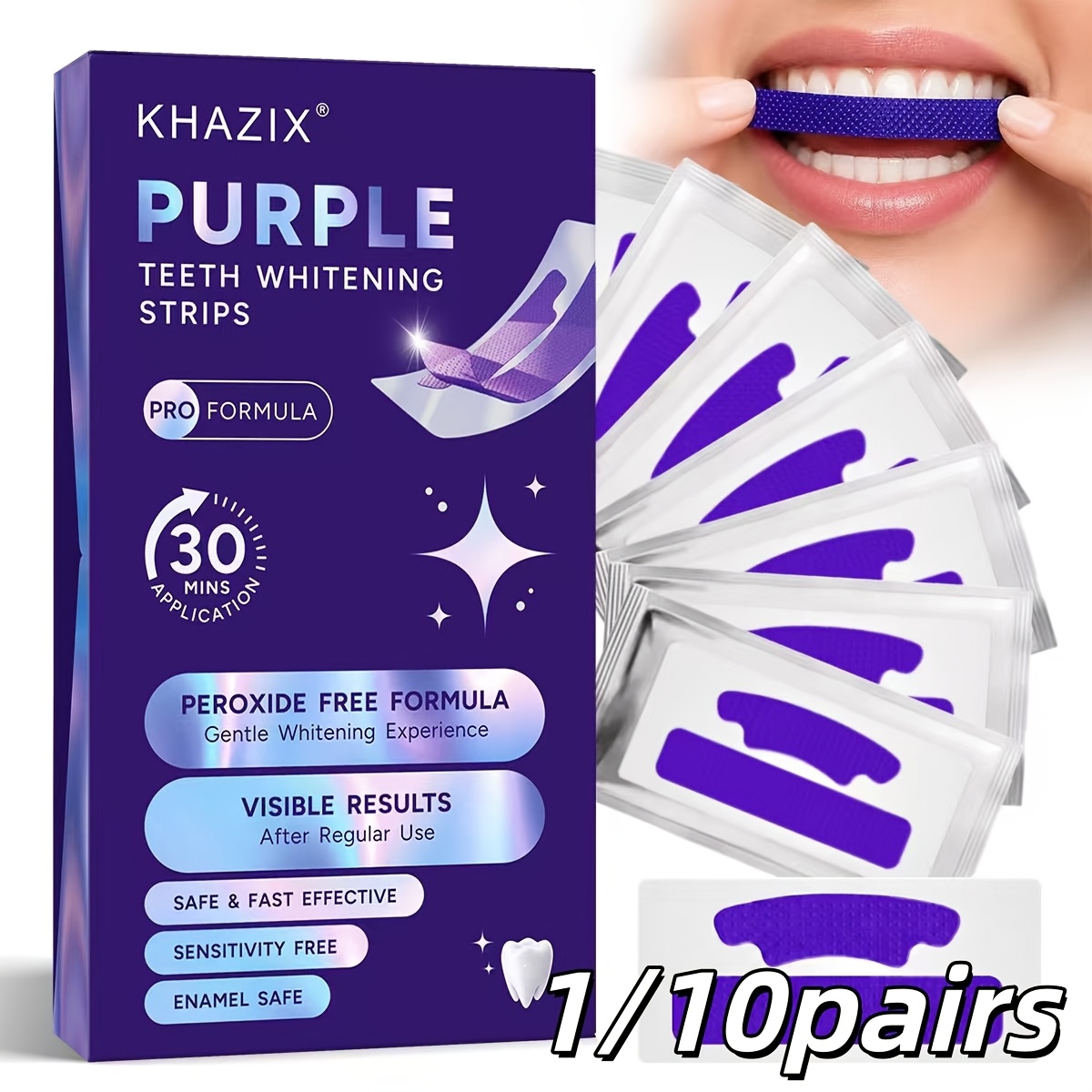 Teeth Whitening Strips - 1/10pairs Purple Teeth Whitening Strips, tightly